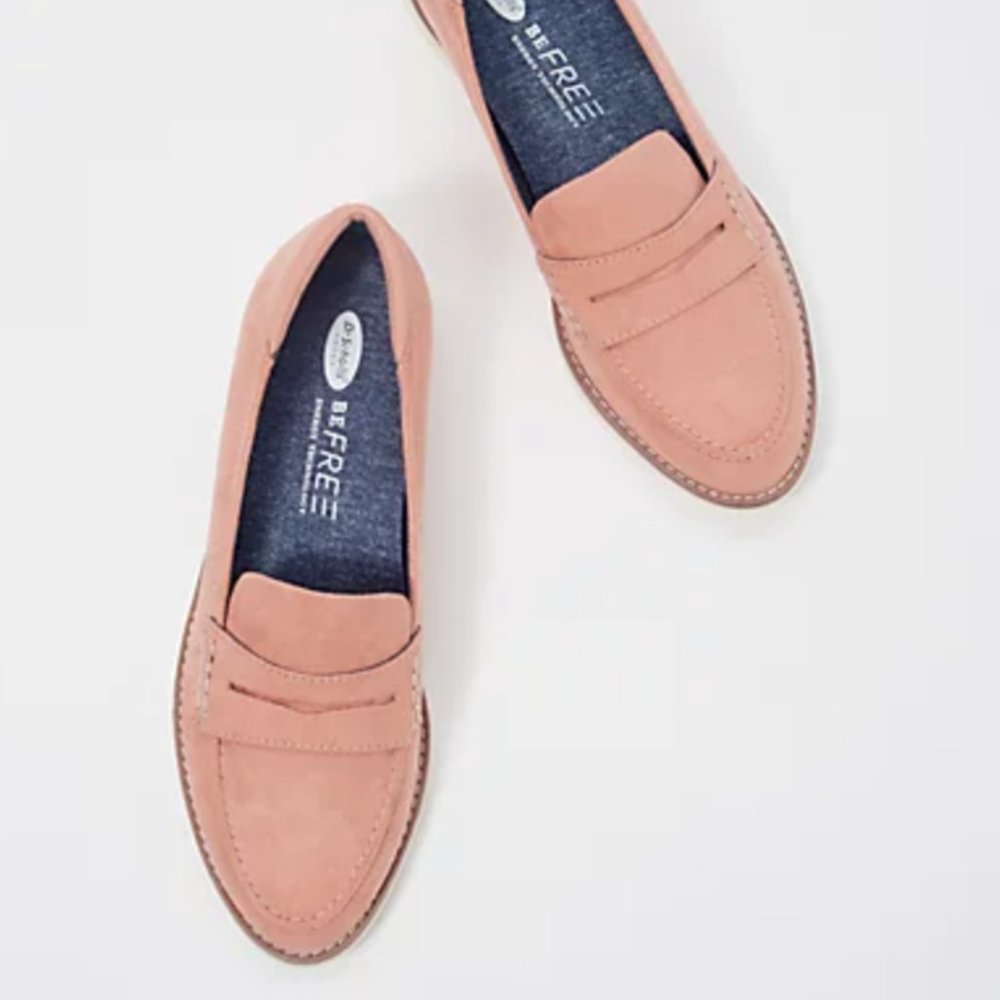 Dr. Scholl's Loafer Cypress Faux Suede Pink Tan White Sole Vegan Flats Size 8.5